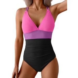 Aidonger Women's One Piece Color Block Swimsuit Tummy Control Slimming Bathing Suit V Neck Cutout High Waisted Swimwear, Pink & Black, M