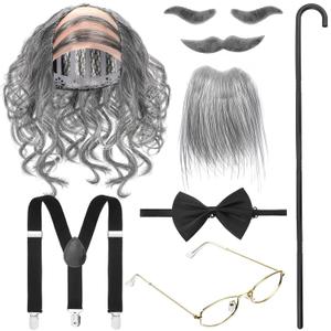 WILLBOND 8 Pcs Old Man Costume Kit Grandpa Costume Kit Old Man Wig Cane Glasses Faux Eyebrows Beard Suspenders Bow Tie for Cosplay(Dark Gray)