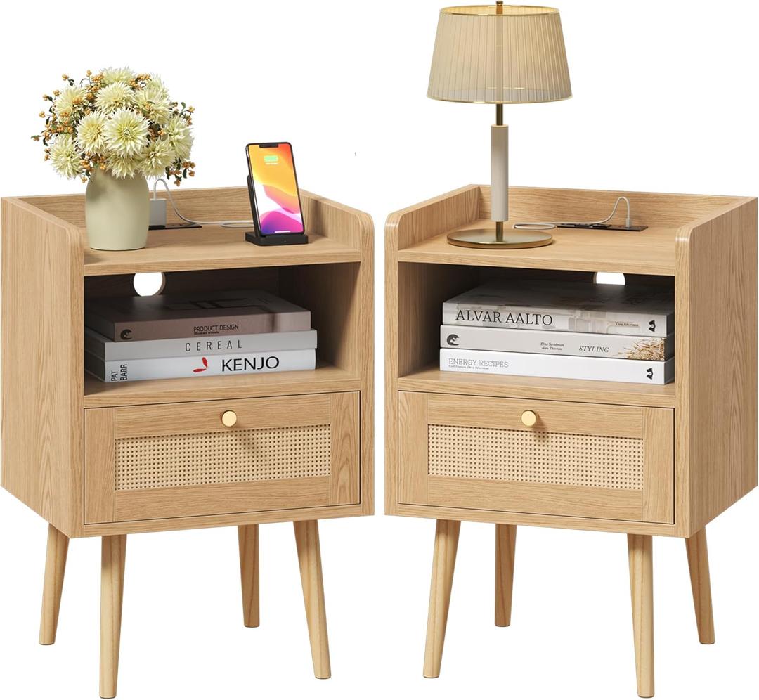 Nightstand Rattan with Charging Station, Mid Century Modern Bed Side Table, Boho End Table with Wood Legs, Bedside Tables for Bedroom Living Room (2, Natural, 11.8" D x 15.9" W x 23.4" H (1 Drawers))