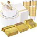 WELLIFE 700 Pieces Gold Plastic Dinnerware Set for 100 Guests - Includes Plates, Cups, Napkins, and Disposable Cutlery - Elegant White & Gold Design, Perfect for Parties and Events