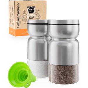 HOME EC Original Salt and Pepper Shakers Set with Adjustable Pour Holes - Glass and Stainless Steel Salt Shaker and Pepper Shaker - Farmhouse Spice (2pk, Brushed Silver)