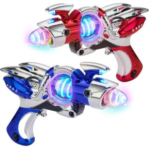 Light-Up Noise Blaster - Red & Blue 2 Pack - 11.5 Inches - Super Spinning Space Sound Effects with Futuristic Power Galaxy Ranger FX for Party Favor, Novelty, Bag Stuffer for Ages 5+