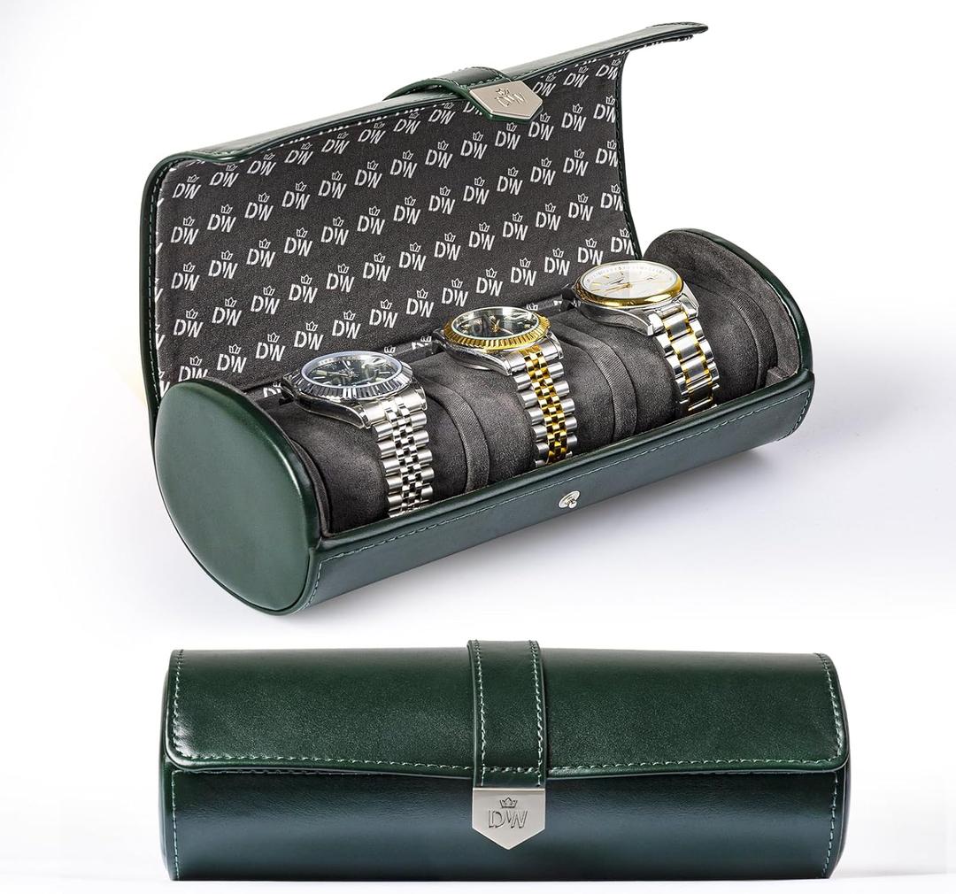 DUKWIN Watch Roll for 3 Watches, Travel Watch Case Organizer with Removable Pillows for Men and Women, Leather Display Case for Watches Collection and Gift for Anniversary Birthday (Green Watch Storage)