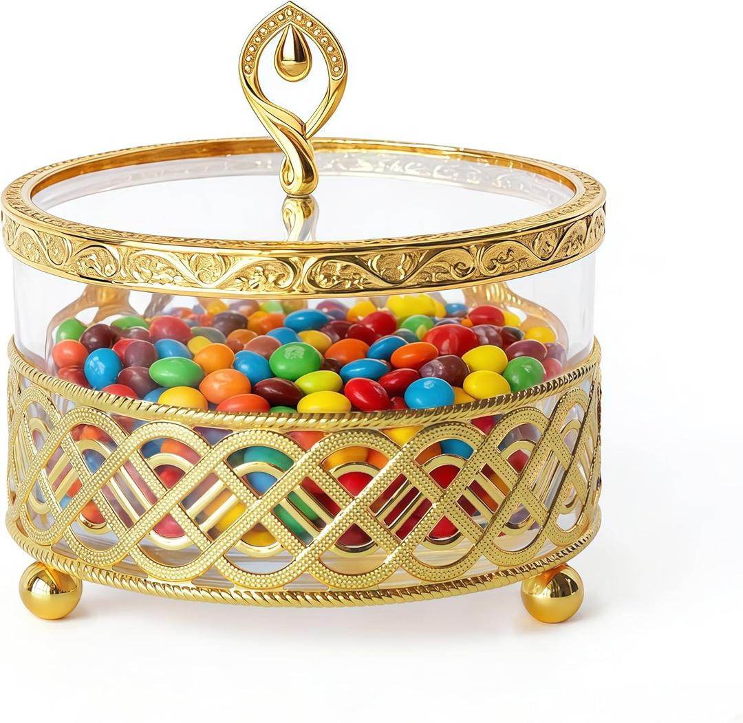 Candy Dish With Lid|Snack tray/plate | Decorative service bowl, 50oz Glass Jar with Gold Base | Kitchen & Pantry Storage | Veggie, Snack, Entertaining