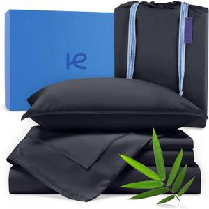 Kickoff Viscose Bamboo Sheets Queen Size 4-pc 100% Organic Bamboo Viscose Bed Cooling Sheets Queen Size Set Cool Bedding for hot Sleepers Sheet, Flat, Fitted, Pillowcases (Onyx Black, Q)