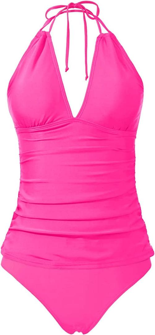 Yonique Womens Two Piece Swimsuits Tummy Control Tankini Plus Size Bathing Suit Halter V Neck Swimwear Hot Pink 18W
