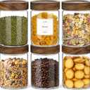 CONNOO 28oz Glass Storage Jars with Wood Lids (6-Pack) Includes 120 Pre-Printed Waterproof White Kitchen Labels Airtight Pantry Containers for Rolled Oats, Pasta & Cereals
