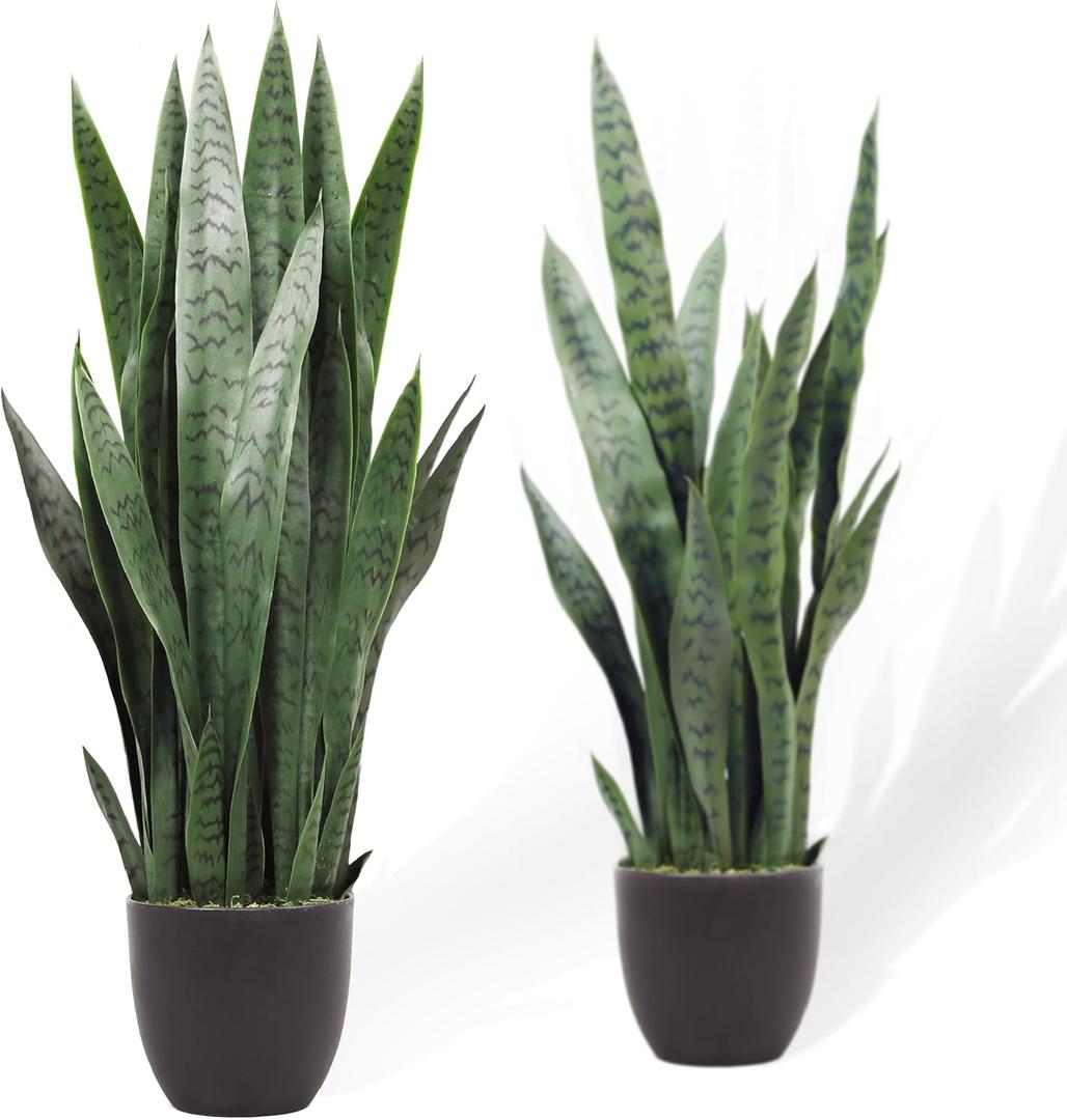 KOL 3FT 2-Pack Artificial Snake Plant, Fake Sansevieria Indoor Outdoor, 28 Thick PE Leaves Lifelike Faux Silk Plants, Home Living Room Decor 35in Mother in Law Tongue, Greenery for Office Decor, Green (2 PCS)
