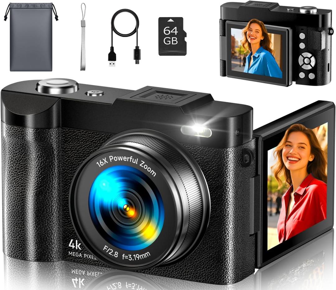 4K Digital Camera for Photography- 50MP Autofocus Vlogging Camera with 2.8" 180 Flip Screen, 16X Digital Zoom- Compact Point and Shoot Camera with 64GB SD for YouTube, Travel, Beginners