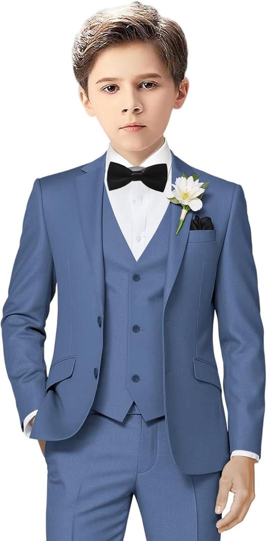 Boys Suit Kids Formal Suits for Boys Wedding Easter Outfits Dress Blazer Vest Pants Bowtie Set (12, Blue Grey)
