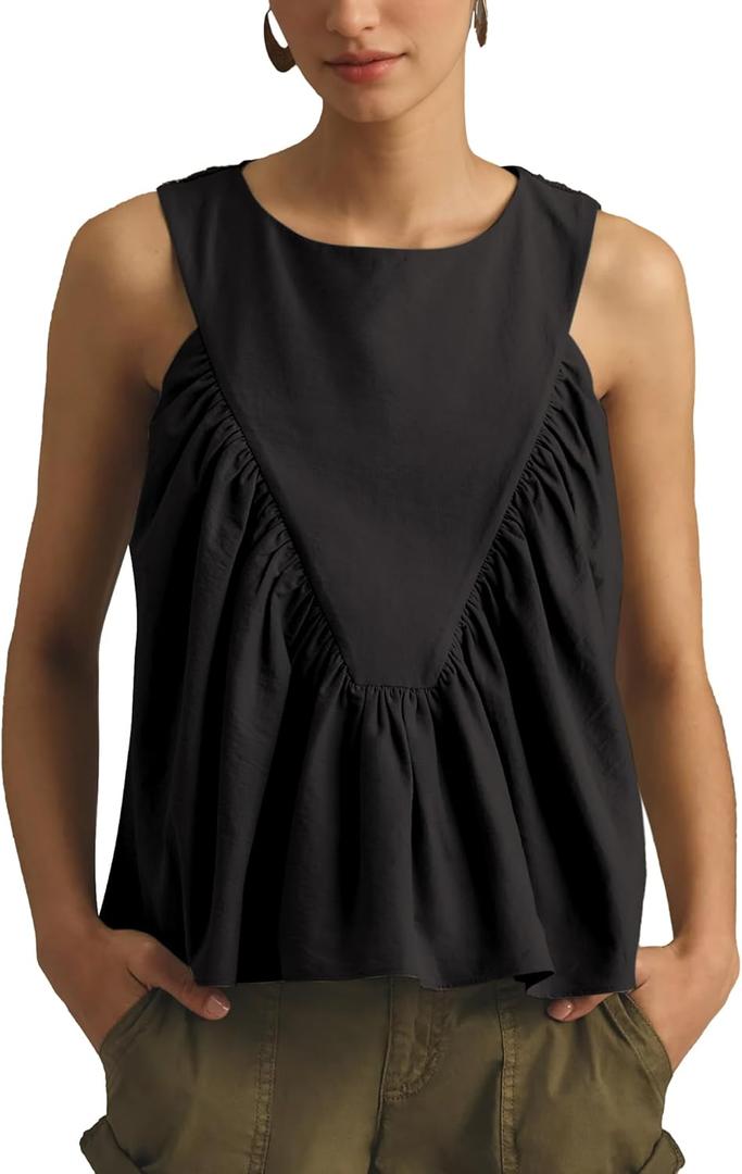 Hixiaohe Shirred Swing Tank Tops for Women Fashion Flowy Sleeveless Shirts Casual Crew Neck Blouse Loose Fit Ruffled Tops (Black, S)