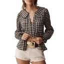 Women Peter Pan Collar Plaid Gingham Blouse Tops Y2k Puff Long Sleeve Ruffle Button Down Up Checkered Babydoll Shirts Anthropologies Inspired Dupes Black, Small 