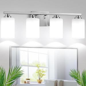 4-Light Bathroom Light Fixtures, 27" Modern Vanity Lights Over Mirror with Milky White Glass Shade, Brushed Nickel Wall Sconce, Classic Wall Light Fixture for Mirror Living Room Cabinet Bedroom Porch