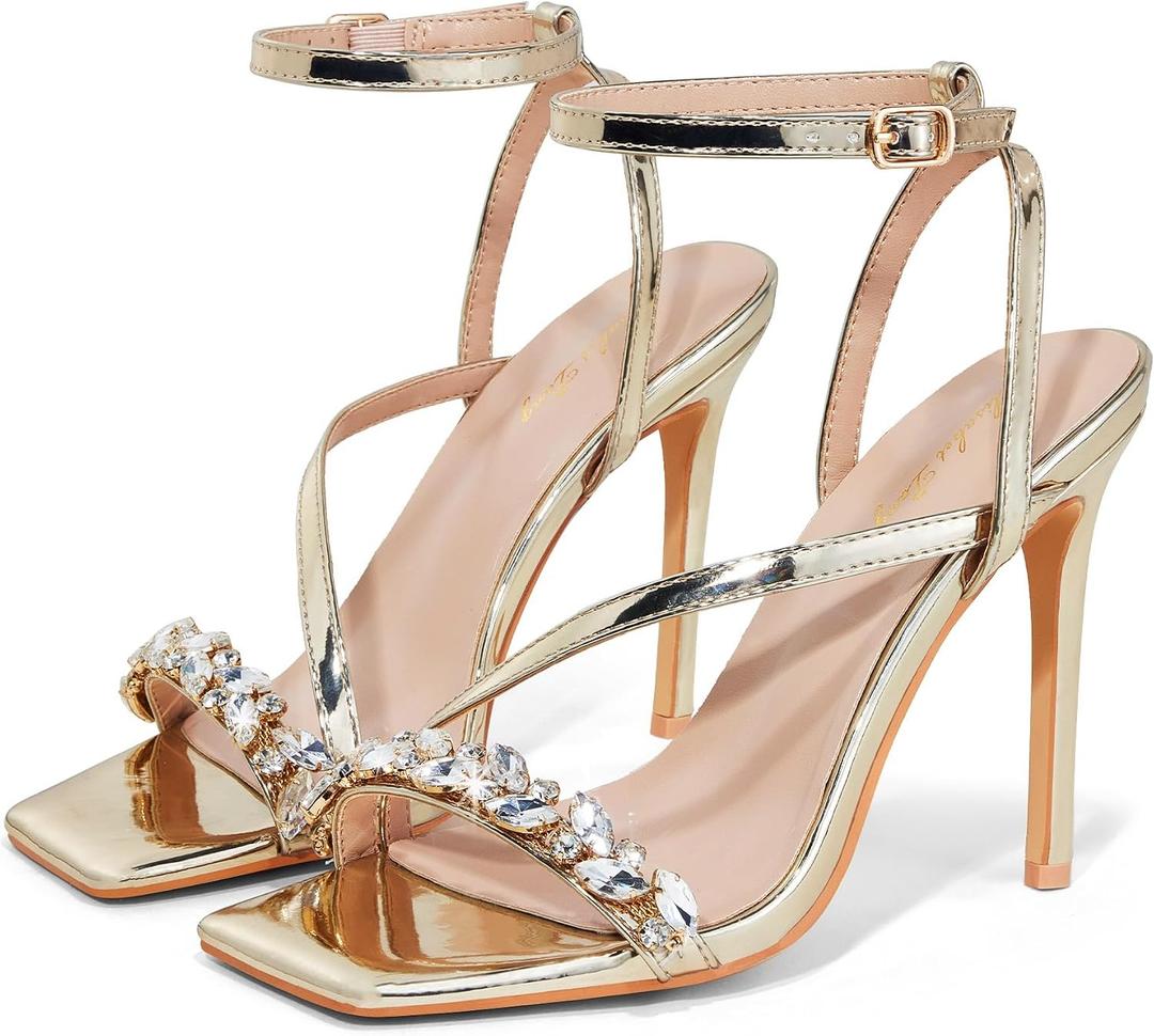 Elisabet Tang Womens Crystal Stilettos Heeled Sandals, 4 Inch Square Open Toe Strappy Sexy High Heels Ankle Strap Buckle Heels for Party Wedding Dress Daily Wear Shoes (Beige)