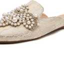 Tilocow Pearl Decor Mules for Women Flats Pointed Toe Backless Flat Slip On Slides Women's Mule Shoes (7, Beige Lace)