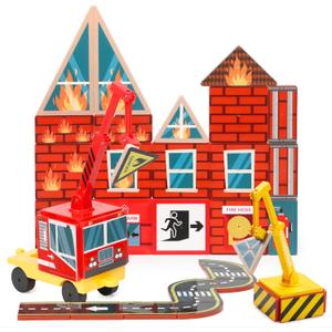 SYNCFUN 40PCS Magnetic City Rescue Set for Kids  Dual-Theme Construction & Firefighting Scenarios, Including Vehicles & Cranes, Educational STEM Toy for Boys & Girls Ages 3-5 4-8