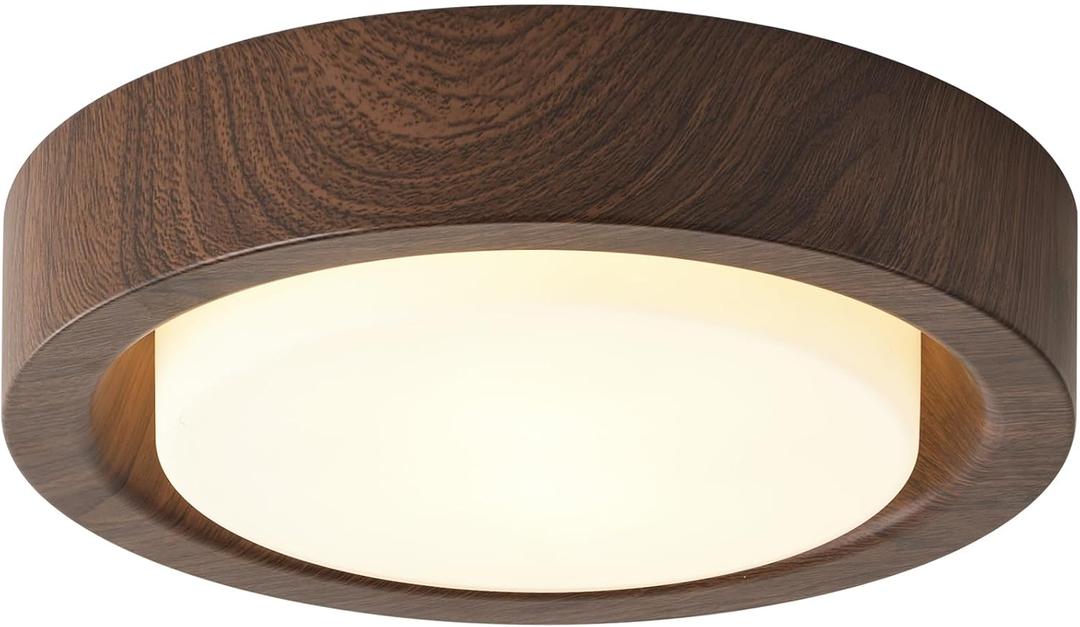 Walnut Wood Flush Mount Ceiling Light Fixture,13 Inch Ceiling Light with Frosted Glass Shade,High Deep Profile Round Ceiling Lights for Hallway Bedroom Closet Livingroom