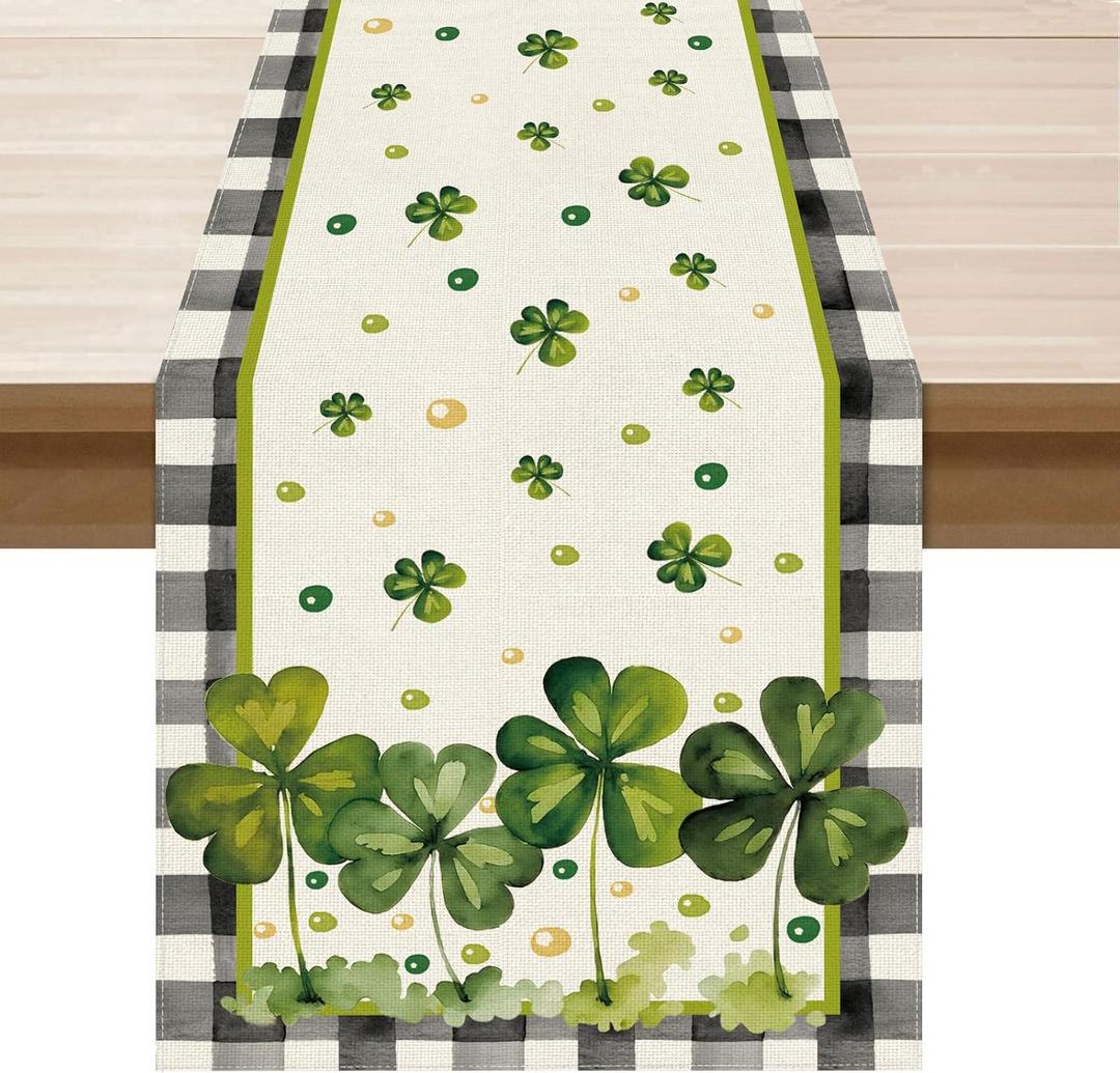 2 x XCHI Watercolor Plaid Green Shamrocks Clovers St. Patrick's Day Table Runner Table Decoration for Party Home Kitchen Dining Holiday Decor 13x90 Inch