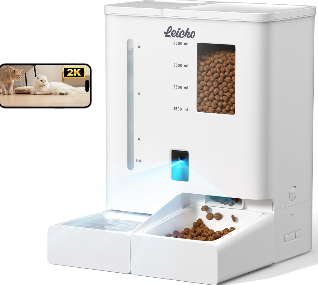 Automatic Cat Feeder with Camera,5G/2.4G WiFi Pet Feeder,2K HD Video and Night Vision, Easy APP Operation, Low Food and Food Clogging APP Tips, Water and Grain Large Capacity Feeder