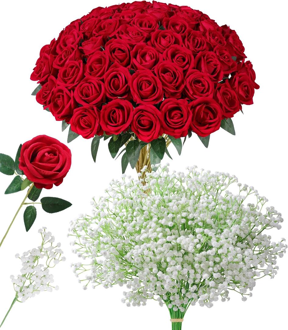 HyeFlora 35 PCS Artificial Red Roses with 15 PCS Fake Baby Breath Realistic Fake Flowers Bouquet with Long Stem for DIY Wedding Party Home Decoration Vase Tables Centerpieces Arrangements Gift for Her