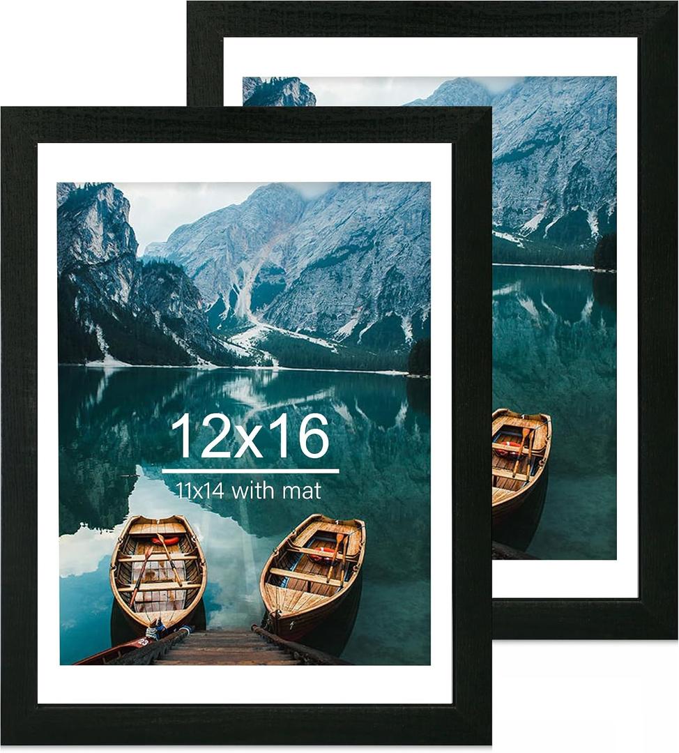 Hongkee 12x16 Picture Frame Set of 2, Rustic Black Wood Style - Display 12 x 16 Poster without Mat or 11x14 Picture with Mat, Wall Mounting Horizontal and Vertical
