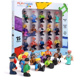 Playmags Magnetic Figures Community Set of 15 Pieces - 2 Inches Play People Perfect for Magnetic Tiles Building Blocks - STEM Learning Toys Children  Magnet Tiles Expansion Accessories Pack
