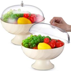LOYIM 2 Pcs Fruit Bowl with Lid for Kitchen 9.65 Inch Fruit Basket with Draining Holes and Removable Pedestal Fruits Holder for Dining Table Decorations Counter Food Vegetable Storage Accessories
