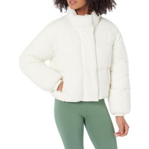 Amazon Essentials Womens Cropped Full-Zip Puffer Jacket (Quilted Matte or Sherpa Fleece) (Small, Eggshell White)