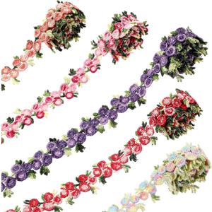 Floral Lace Ribbon Trim, Rose Lace Flower Trim for Sewing Decorating 5 Yards Rose Embroidered Polyester DIY Laces Floral Applique Craft, 2.2cm Width for Wedding Dresses Party Decor Clothes (Multicolor)