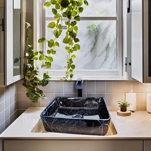 Black Ceramic Vessel Sink,Marble Pattern Bathroom Sink with Waterfall Faucet and Drain Combo,19 Inch Bathroom Rectangular Sink for Above Counter Artistic Vessel Sink Basin