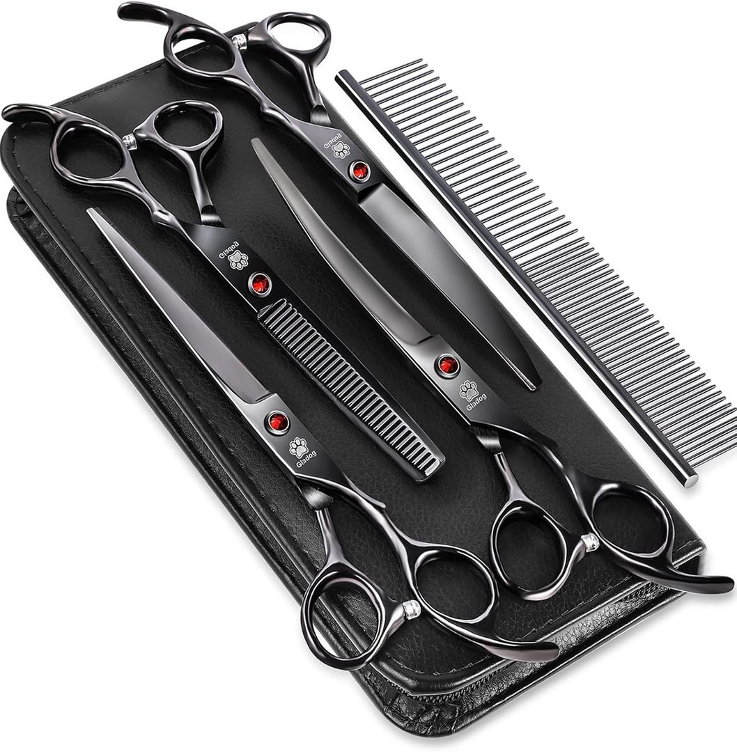 Dog Grooming Scissors Kit with Safety Round Tips, GLADOG Professional 6 in 1 Grooming Scissors for Dogs, Sharp and Heavy-duty Dog Grooming Shears for Dogs Cats Pets