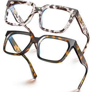 VISOONE 2 Pack Rectangle TR90 Blue Light Blocking Glasses Computer Eyewear with Preppy Look for Women and Men Cougar (Amber Tortoise + Cheetah Tortoise)