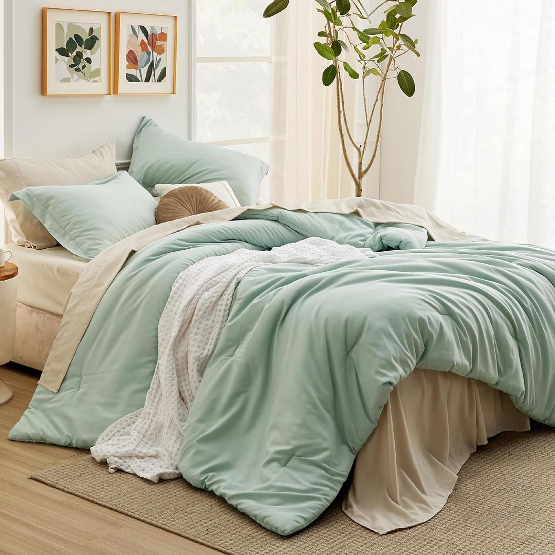 Bedsure King Size Comforter Set Sage Green, 7 Pieces Lightweight King Bedding Sets Boho, Bed in a Bag with Comforter, Sheets, Pillowcases & Shams, Contrasting Design