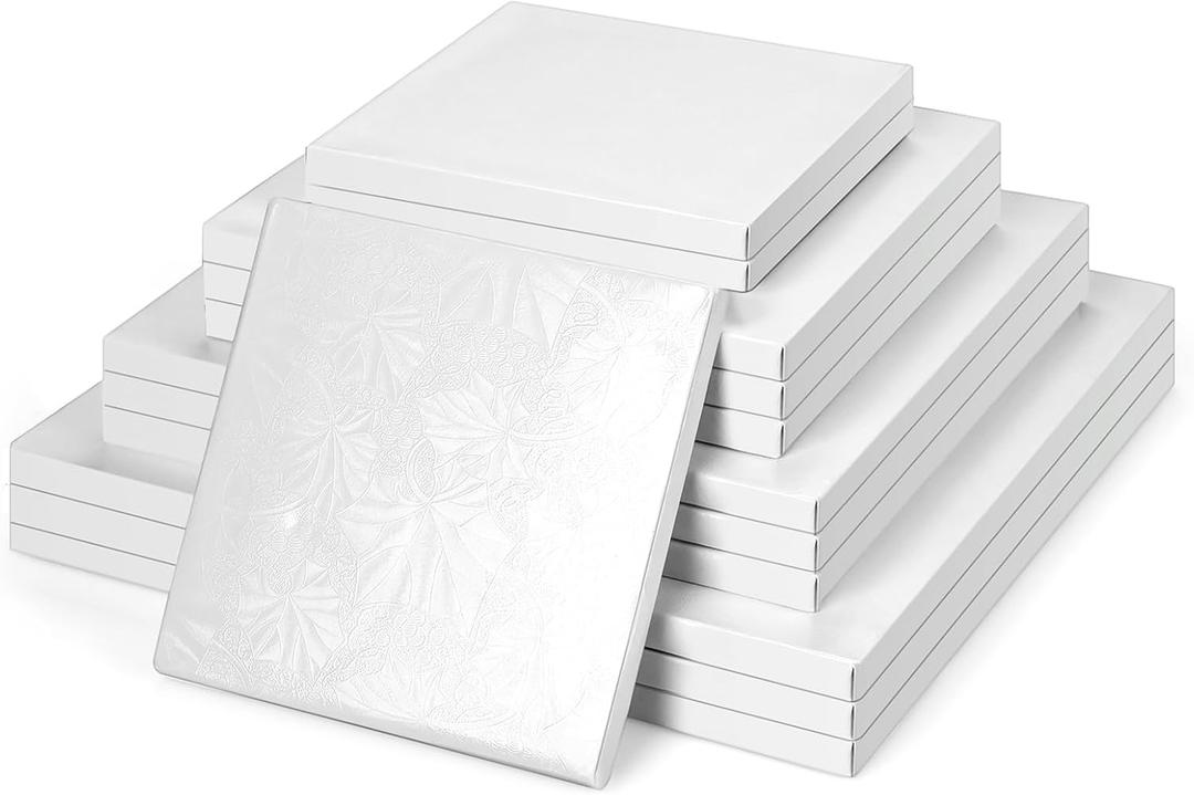 Baderke 12 Pcs White Square Cake Drums, 1/2 Inch Thick Square Cake Board Drum Fully Wrapped Foil for Christmas Baking Desserts Pastries, White Leaf Style, 12"L x 12"W x 0.5"H