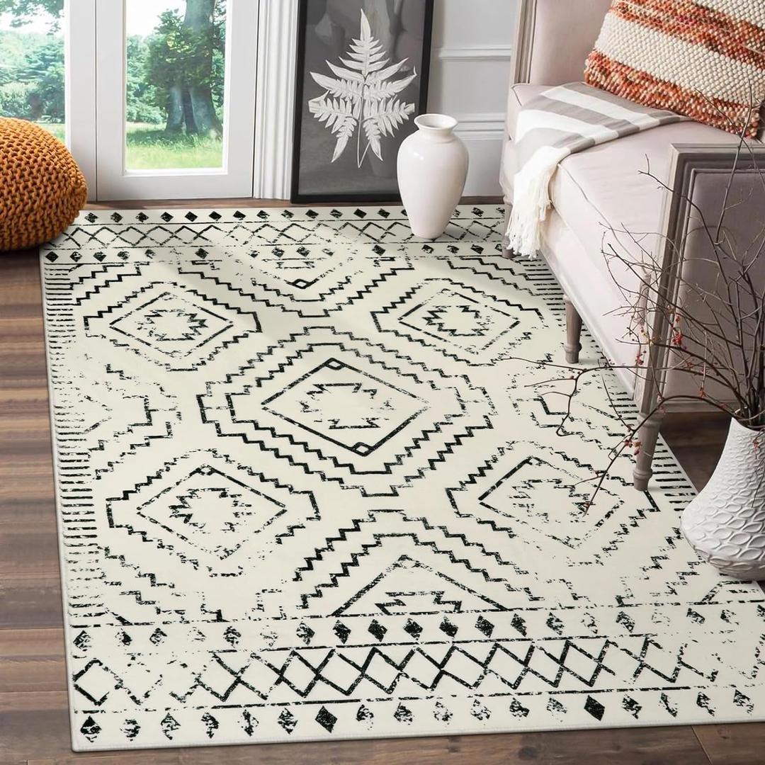 Wonnitar Moroccan 3x5 Area Rug, Washable White Non-Slip Entry Rug, Farmhouse Rustic Small Living Room Rug Tribal Non-Shedding Throw Mat Indoor Floor Carpet for Kitchen Bedroom Mud Room (Beige,3'x5')