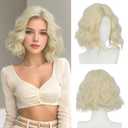 Haloo Blonde Bob Wig for Women Lace Front Hairline Short Soft Wavy Curly Natural Looking Middle Part Synthetic Hair Wigs for Daily Party, 11 Inch Platinum Blonde