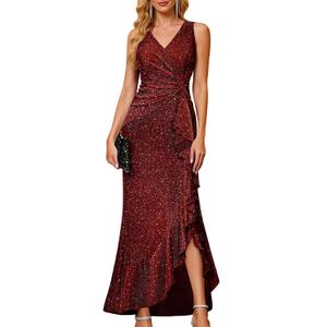 BeryLove Sequin Formal Wedding Guest Prom Cocktail Party Long Ruffle Dresses Sparkly Evening Mother of The Bride Dress,  Burgundy Medium