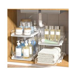 Delamu 2-Tier Multi-Purpose Bathroom Under Sink Organizers and Storage, Stackable Kitchen Pantry Organization, Pull Out Medicine Cabinet Organizer with Movable Dividers, White, 2 Pack