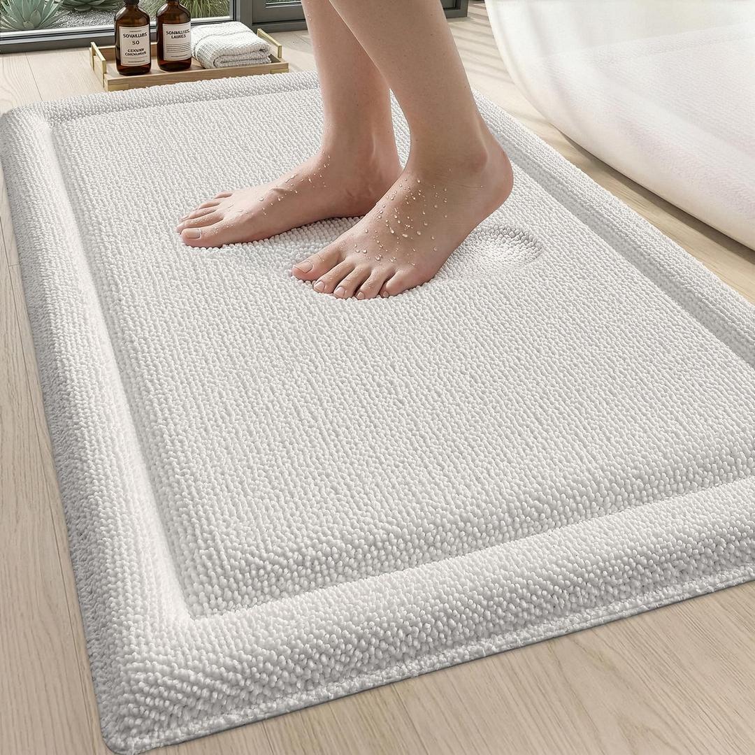 DEXI Memory Foam Bath Mat 24x17, Soft Absorbent Chenille Bathroom Rug, Non Slip Quick Dry Bath Mats for Bathroom, Thick Plush Floor Carpet for Tub Shower, Sink, Ivory