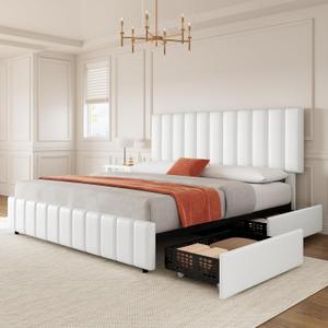 IDEALHOUSE Queen Size Bed Frame with 4 Storage Drawers, PU Leather Linen Upholstered Platform Bed Frame, Adjustable Height Headboard, No Box Spring Needed, Easy to Assembly, White