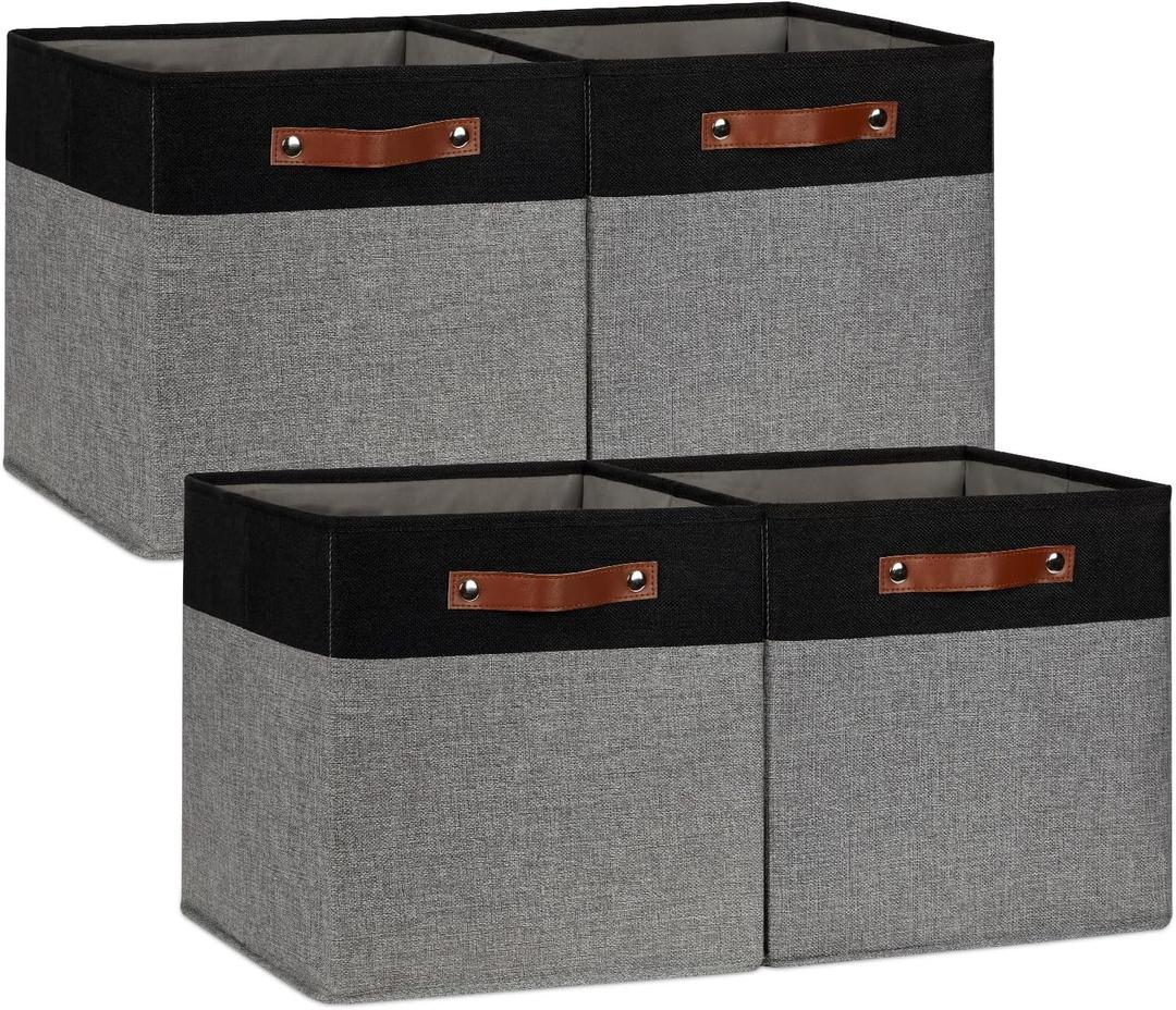 DULLEMELO 12x12 Storage Cubes, Collapsible Sturdy Cube Storage Bins With Handles for Organizing,Fabric Storage Cubes Baskets for Shelves Nursery Closet Home Organization and Storage (Black&Grey) (12"-4 pack)