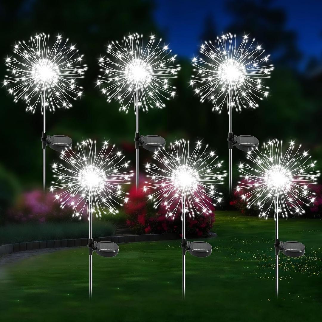 Solar Garden Lights Outdoor, 6 Pack 120 LED Twinkling Firework Lights Decorative with 2 Modes, Outdoor Waterproof Solar Starburst Light for Yard Pathway Planter Patio Decor, White