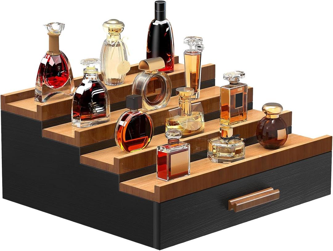Zalida Wooden Cologne Organizer for Men 4 Tier of Perfume Display Holder of Drawer & 2 Hidden Compartments Larger Storage Space Mens Perfume Organizer Shelf Stand,Gift for Man (4T-Black Walnut)
