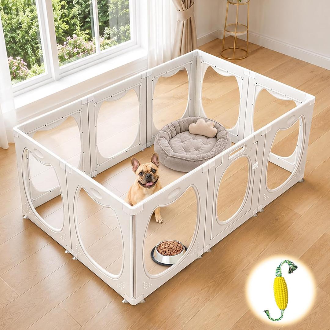 Clear Acrylic Dog Playpen Indoor with Toy & Door (24" H, 10 Panels, White)