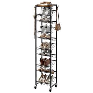 UNITSTAGE 10 Tier Rotating Vertical Shoe Rack Tower, Wooden Tall Shoe Storage Organizer with Hooks, Sturdy Metal Narrow Shoe Shelf for 20 Pairs, Space Saving Rack for Closet Entryway, Rustic Brown, Factory Sealed