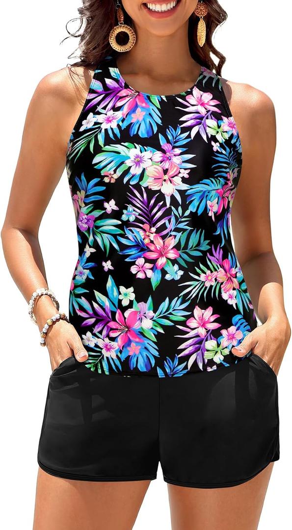 Daci Tankini Swimsuits for Women - Tummy Control Two Piece Bathing Suits with Shorts 2025 High Neck Swimwear Two Side Pockets (XX-Large, Colorful Floral)