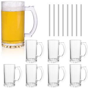 Glass Beer Mugs Set of 8,16oz Heavy Beer Mug With Handles and Straws for Tea,Coffee Thick Drinking Glasses for Freezer