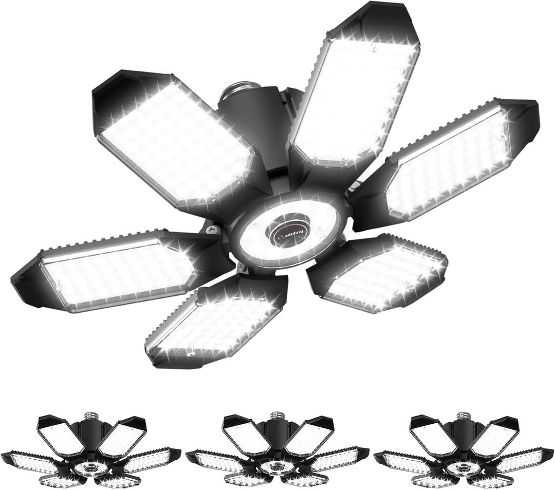 Adiding LED Garage Ceiling Light, 4 Pack 40000Lm Bright Screw into E26 E27 Socket LED Basement Lighting, 6+1 Deformable Panels, Daylight 6500K for Pole Barn Workshop Attic Porch Storage Room Low Bay