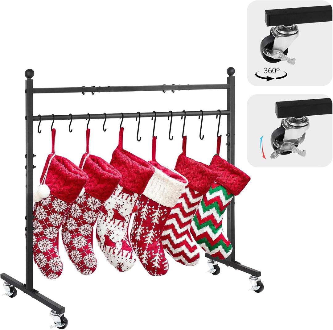 Christmas Stocking Holder, Free Standing Stocking Rack with Wheels, 12 Removable Stocking Hooks, Adjustable Feet, 41"L x 37"H x 11"W, Holiday Decor Stocking Hanger for Floor/Home/Living Room