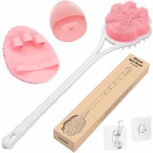 Manmihealth 15.7" Cute Silicone Back Scrubber & Soft Shower Brush Face Scrubber Set (3 PCS), Paw-Shaped Silicone Back Brush & Body Facial Scrubber with Super-Soft Bristles Combination(PinkSet)